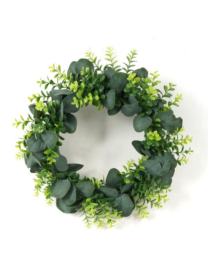 Artificial Plant 43*43cm Artificial flower eucalyptus wreat GS-54023021KIK WREATH YeahFlower is one of Chinese leading OEM manufacturers and exporters , supplying the silk flowers, wholesale artificial trees