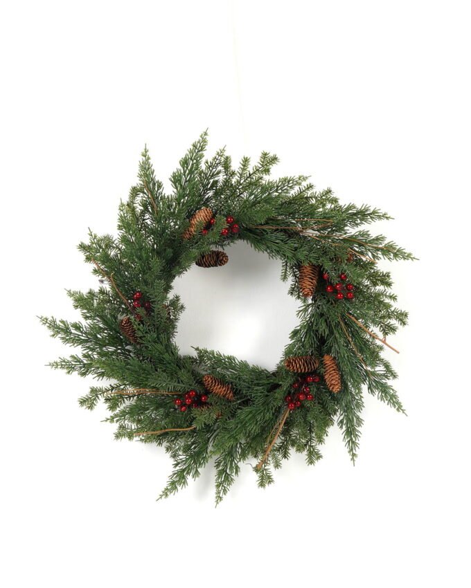 Artificial Plant 60*60cm Red fruit&Pinecone wreath GS-54023022 Christmas Item YeahFlower is one of Chinese leading OEM manufacturers and exporters , supplying the silk flowers, wholesale artificial trees