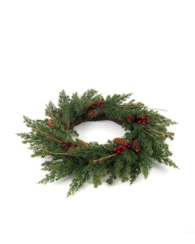 Artificial Plant 60*60cm Red fruit&Pinecone wreath GS-54023022 Christmas Item YeahFlower is one of Chinese leading OEM manufacturers and exporters , supplying the silk flowers, wholesale artificial trees