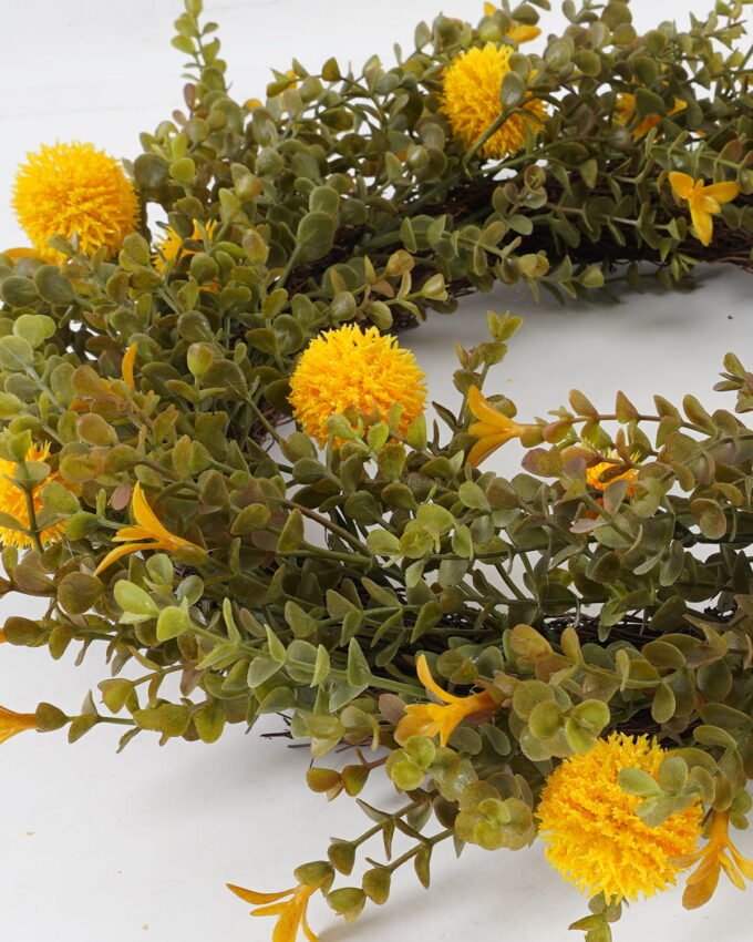 Artificial Plant 50*50cm Eucalyptus+yellow fruit wreath GS-54023032 2024Feb YeahFlower is one of Chinese leading OEM manufacturers and exporters , supplying the silk flowers, wholesale artificial trees