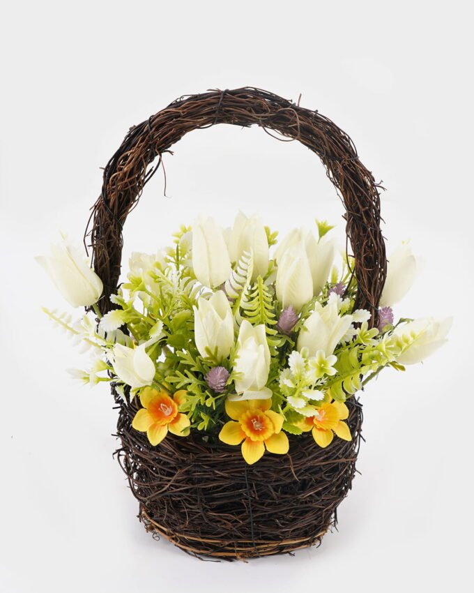 Artificial Table Plants 24*16*29cm Tulipa gesneriana *15 Narcissus *6 in basket GS-41324052KIK 2024Aug YeahFlower is one of Chinese leading OEM manufacturers and exporters , supplying the silk flowers, wholesale artificial trees